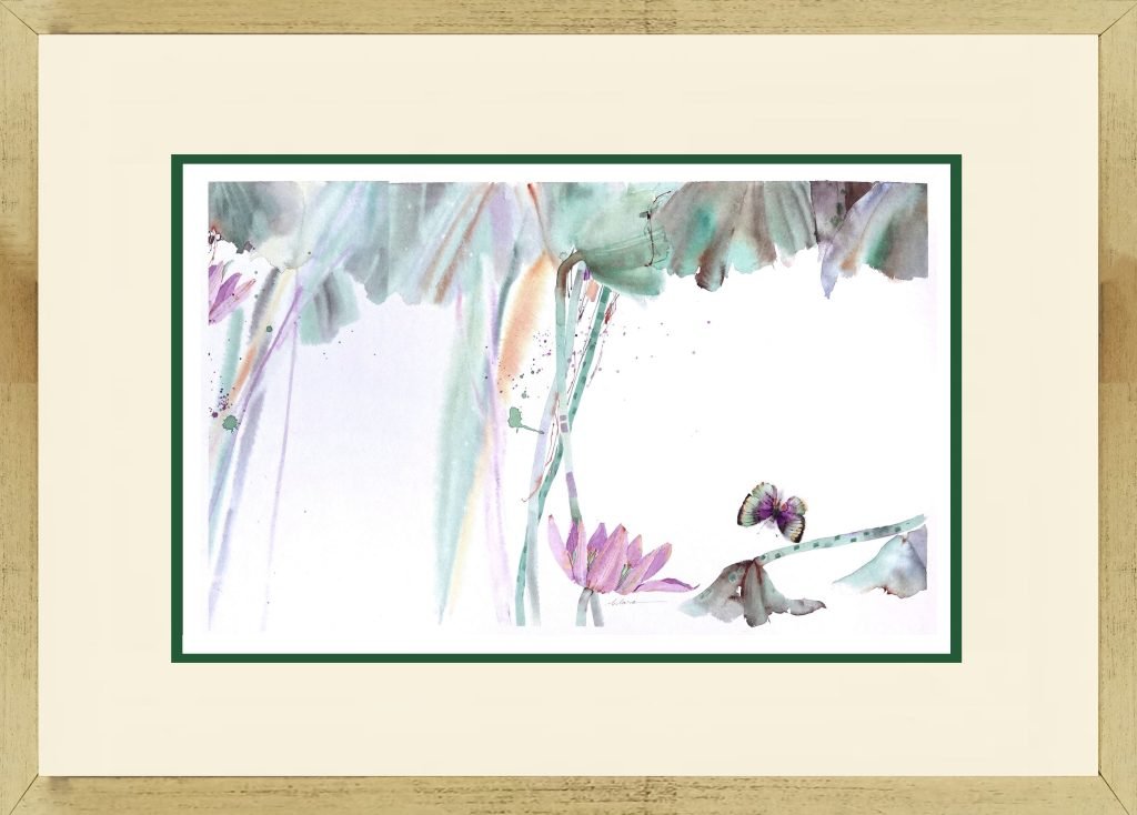 Watercolour Painting of Lotus Lily Flowers with Butterfly A